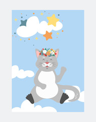 Poster with animal concept. Cute fluffy cat with wreath on his head smiles and waves. Design element for greeting cards, covers and wall decoration in children room. Cartoon flat vector illustration