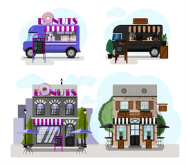 A set of vector food trucks, restaurants and cafes. Cartoon donuts cafe and coffee house icons. Flat design of facades. Cliparts. Facade of an ice cream parlor with a summer outdoor terrace