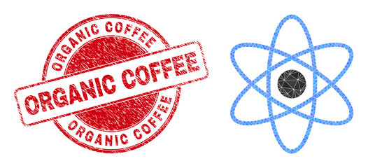 Low-Poly triangulated atom symbol illustration with Organic Coffee grunge stamp. Red stamp seal has Organic Coffee tag inside round form. Atom icon filled using triangles.