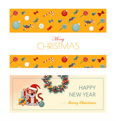 Set of flat vector banners Merry Christmas and happy new year. Cartoon Christmas template with festive decorations and food. Background for postcards and invitations. New Year s table with a pie and a