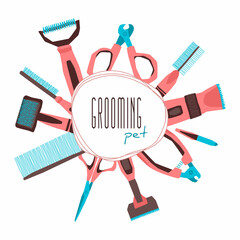 Vector flat illustration frame template with set of products for pets, dogs, cats. Equipment and tools for shearing, sawing, claw points, combing. It can be used as decoration texts, headings.