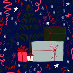 Christmas background party celebration vector seamless pattern stylized Christmas trees with candy gifts and sparklers. Wallpaper for wrapping paper, invitations, paper and cards, website backgrounds.