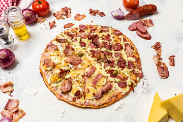 Delicious Pizza Classic Homemade Tomato Sauce Sausage Cheese Onion Meat Pasta Shrimp Restaurant Menu Gourmet on a wooden table