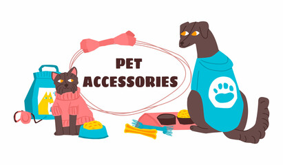 Vector illustration frame with set of accessories for pets. Dogs are depicted in clothes against background food, bowls, toy bones, leash, package of food. There is an empty space for text, title.