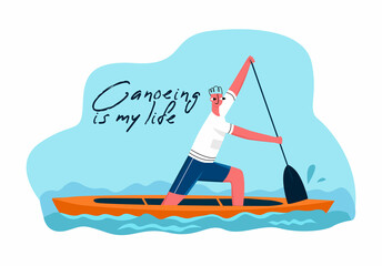 Vector illustration with a young male athlete who participates in a race, canoeing. The concept of Kanusport, competitions, lifestyle, hobbies, water summer sports games.