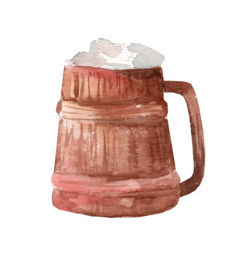 Watercolor wooden mug with beer. Classic beer mug, glass of cold beer. Watercolor realistic illustration. Modern design. Bar menu design