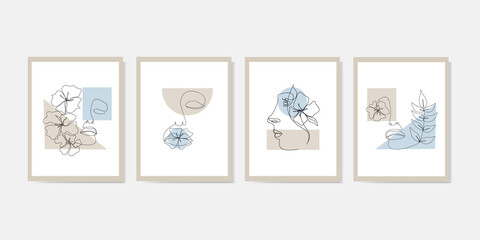 Set of abstract posters with beauty female face with plants. People sketch. Continuous line drawing fashion art. For wall decor. Vector illustration in minimal style.