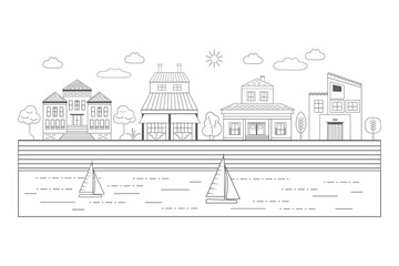 Solar panels and attics on the roofs of buildings. Sky with clouds and sun.