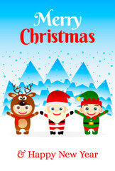 Merry Christmas and Happy New Year poster with kids in costumes Santa, Elf and Deer. Merry Christmas and Happy New Year greeting card. Vector illustration
