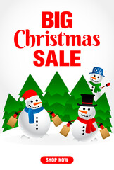 Christmas Sale poster with a funny Snowman. Big Christmas sale banner design. Vector illustration