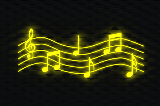 Set of glowing musical notes on dark wall. Advertising of a music school, a shop with instruments. Concert announcement. New, popular songs. 3d render
