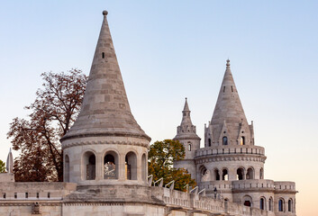 Towers of Fisherman Bastion at sunrise, Budapest, Hungary