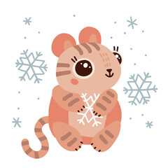 Funny cute kawaii tiger holding a snowflake surrounded by snow. Isolated winter holiday vector flat illustration. Cute symbol of 2022 year.