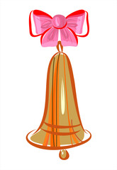 Golden metal bell with a pink bow. Symbol of Christmas