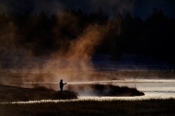 Fly Fishing in River with Steam Rising