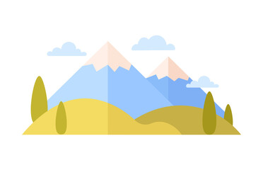.Ecological balance icon. Colorful sticker with mountain, hill, cloud and tree. Planet conservation and environmental protection. Design element for social network. Cartoon flat vector illustration