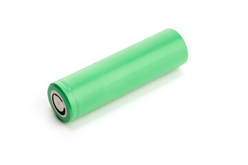 Green battery isolated on white background. Blank 18650 Li-ion battery