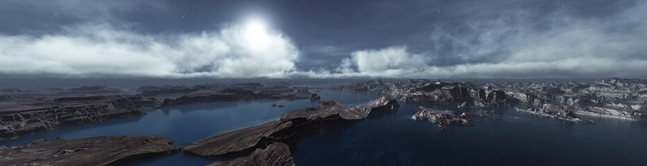 Alien landscape at sunrise, Mars at sunset, Mars panorama, 3D rendering