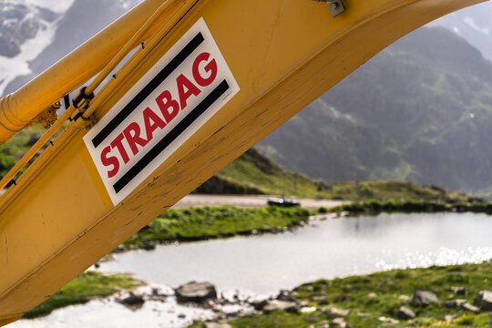 Sustenpass, Switzerland - August 13, 2021: Strabag construction site at Susten mountain pass