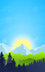 Sunset, sunrise, morning in mountains. Hiking tourism. Adventure. Abstract mountain landscape. Banner with polygonal landscape illustration. Minimalist style background. Flat design.