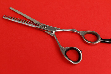 Hair thinning scissors on a red background. Selective focus