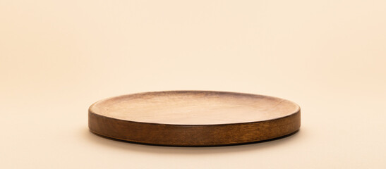 Background for products food, cosmetics or jewellery. Round, cylinder shape wood podium. Front...