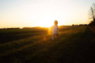 Golden hour photo of carefree toddler running off into the sunset in the green grassy meadow. Autumn, silhouette, sunset.