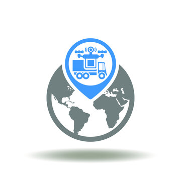 Vector illustration of earth planet with location map pointer and truck with drone. Icon of GIS Geographic Information System. Symbol of Global Logistics Procurement Delivery Technology.