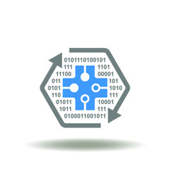 Vector illustration of hexagon sign arrows with digital numbers and medical cross with circuit structure. Symbol of medical big data technology. Icon of pharmacy information processing.