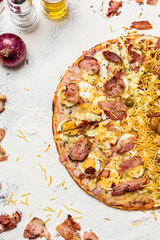 Delicious Pizza Classic Homemade Tomato Sauce Sausage Cheese Onion Meat Pasta Shrimp Restaurant Menu Gourmet on a wooden table