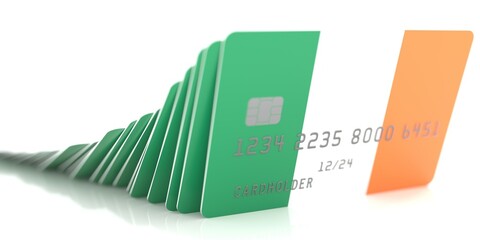 Domino effect with falling credit cards with flags of Ireland. Conceptual 3d rendering