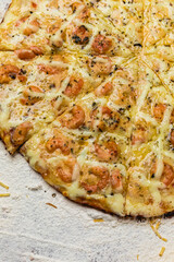 Delicious Pizza Classic Homemade Tomato Sauce Sausage Cheese Onion Meat Pasta Shrimp Restaurant Menu Gourmet on a wooden table