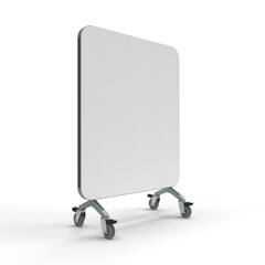 Side view of a Portable Display Fabric Stretch Frame with Round corners on wheels, 3D rendered Illustration.