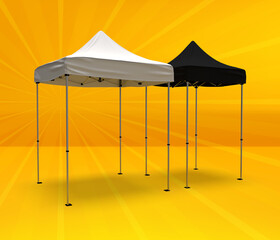 A 2 meter and a 1.5 meter Gazebo Tent in black and white on a colorful orange background, 3d rendered illustration.