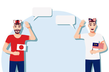 Men with Japanese and Malaysian flags. Background for text. Communication between native speakers of Japan and Malaysia. Vector illustration.