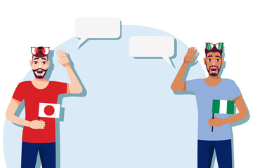Men with Japanese and Nigerian flags. Background for text. Communication between native speakers of Japan and Nigeria. Vector illustration.