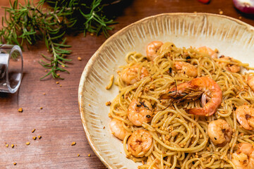 Delicious Pizza Classic Homemade Tomato Sauce Sausage Cheese Onion Meat Pasta Shrimp Restaurant Menu Gourmet on a wooden table