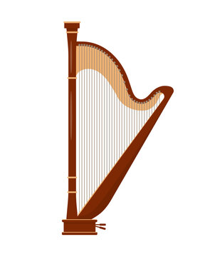 Classical wooden antique Harp isolated on white background. Stringed musical instrument harp. Vector icon illustration in flat or cartoon style.