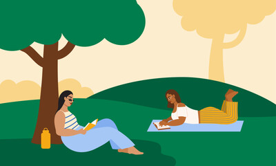 Illustration of two women reading at the park