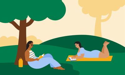 Illustration of two women reading at the park