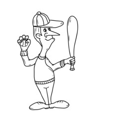 Vector children's design for postcard banners.Funny guy in a cap holding an object