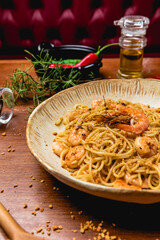 Delicious Pizza Classic Homemade Tomato Sauce Sausage Cheese Onion Meat Pasta Shrimp Restaurant Menu Gourmet on a wooden table