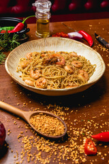 Delicious Pizza Classic Homemade Tomato Sauce Sausage Cheese Onion Meat Pasta Shrimp Restaurant Menu Gourmet on a wooden table