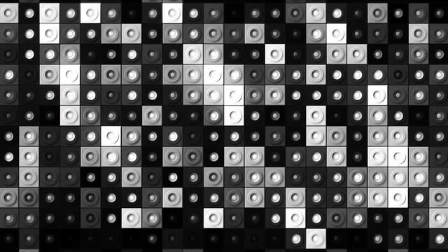 Huge amount of randomly moving cubes with circles inside them, seamless loop, black and white. Motion. Monochrome blinking squares wall.
