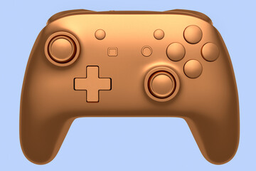 Bronze video game joystick on blue background. Concept of winner awards