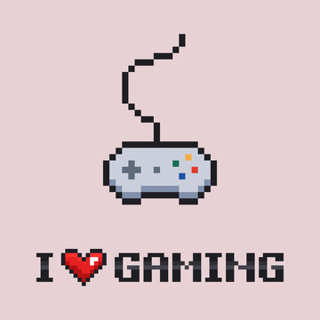 Pixel art vector illustration - 8 bit grey gamepad with wire and I love gaming heart icon on light background
