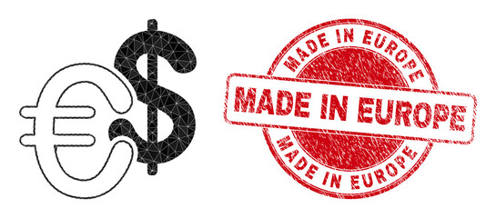 Naklejka premium Low-Poly polygonal currency symbol illustration with Made in Europe textured seal imitation. Red stamp seal contains Made in Europe title inside circle it. Currency icon is filled with triangles.