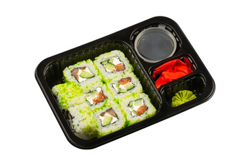 Roll with salmon, cucumber and Philadelphia cheese. Packaged in a lunch box for delivery with soy sauce, wasabi and ginger.