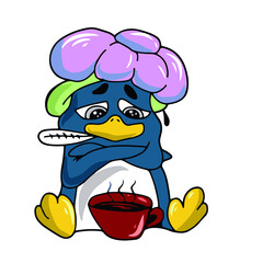 Vector children's design for postcard banners.Cute funny penguin got sick