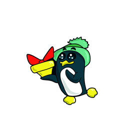 Vector children's design for postcard banners.Cute funny penguin and gift box